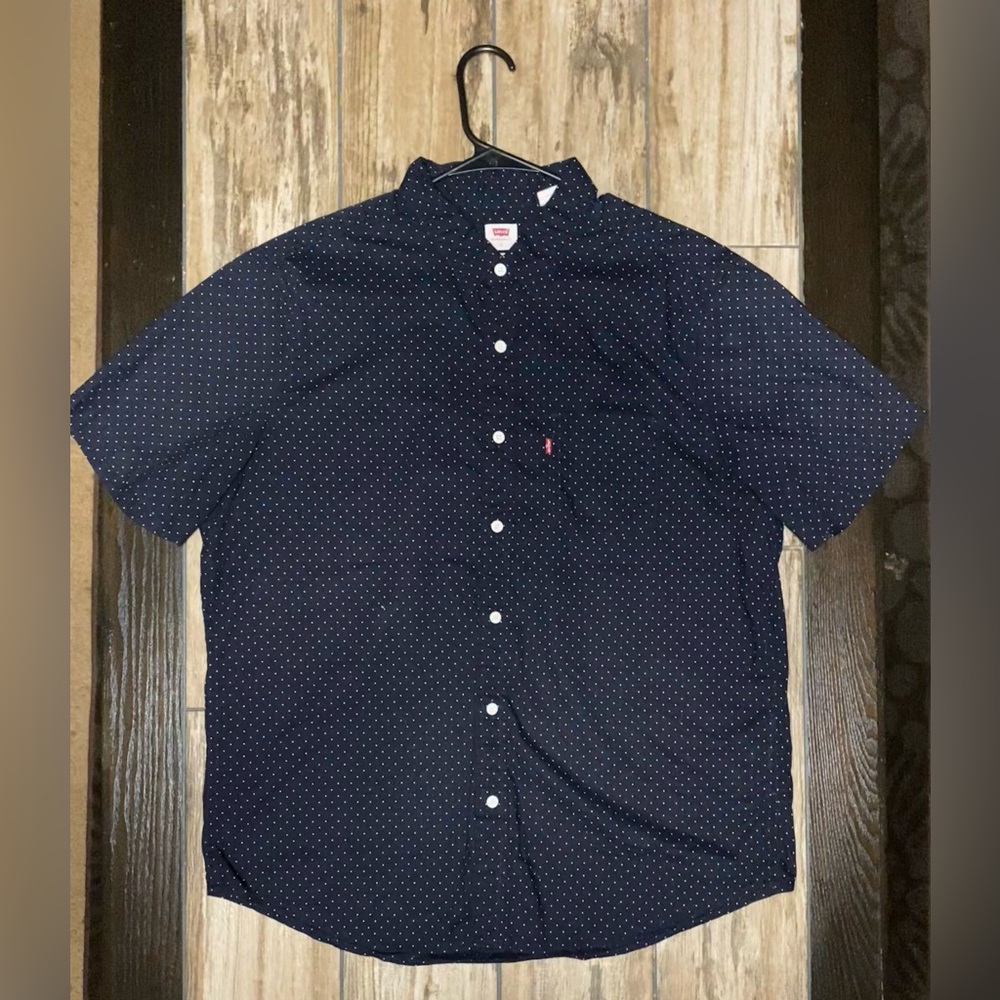 Levis Shirt Men’s Sz L Blue White Polka Dot Button Up Short Sleeve Casual